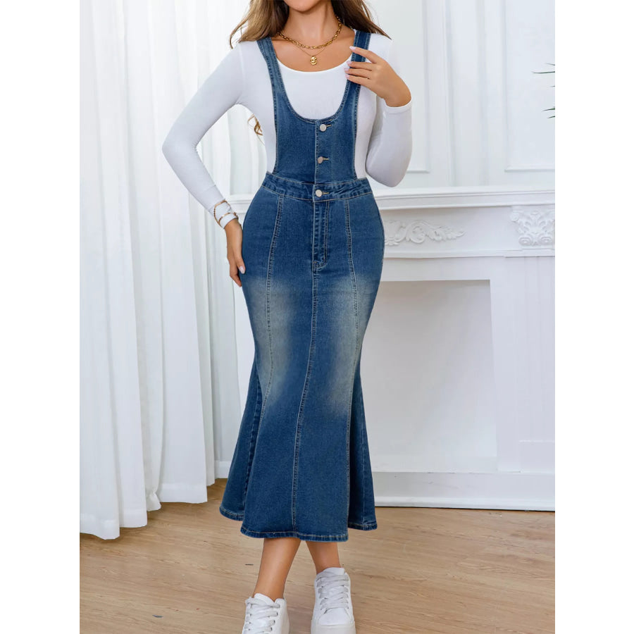 Front-Button Adjustable Fishtail Sleeveless Denim Overall Dress Apparel and Accessories