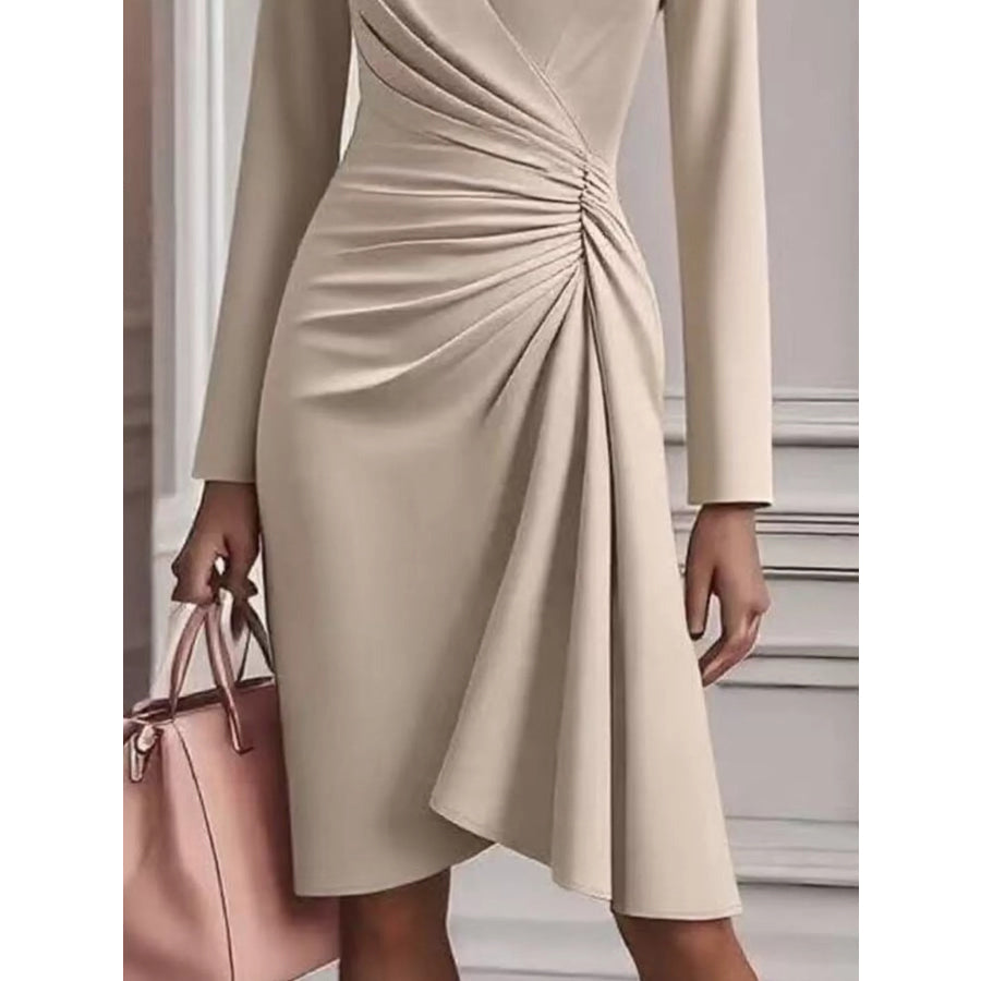 Front Ruched V-Neck Long Sleeve Dress Apparel and Accessories
