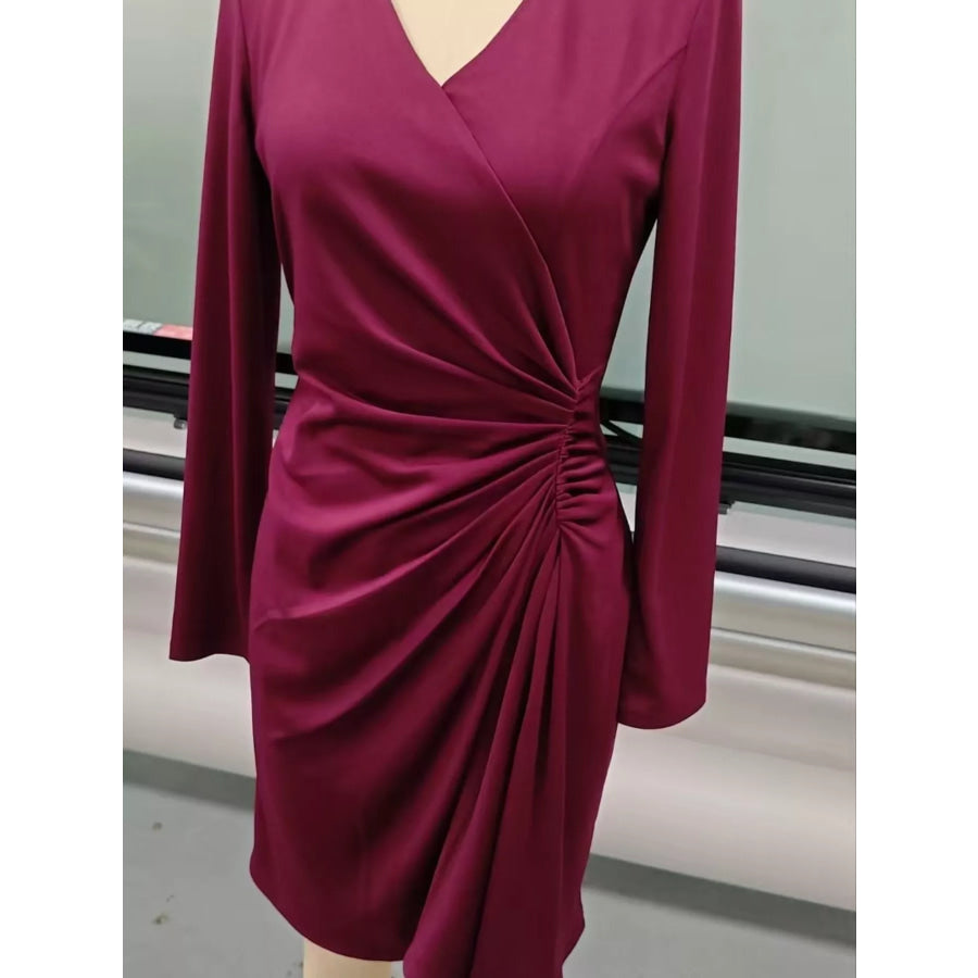 Front Ruched V-Neck Long Sleeve Dress Apparel and Accessories