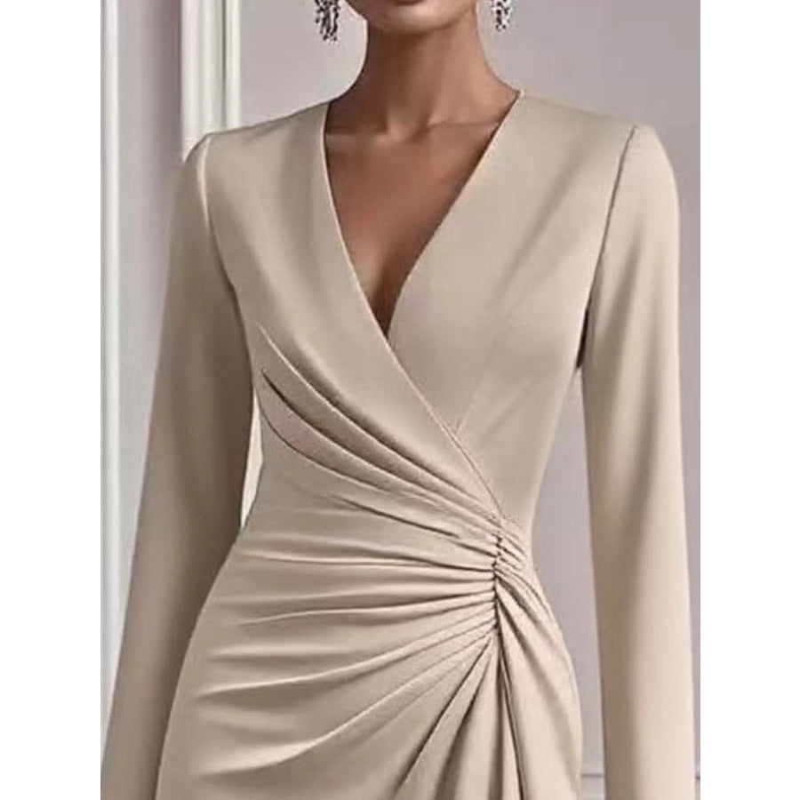 Front Ruched V-Neck Long Sleeve Dress Apparel and Accessories