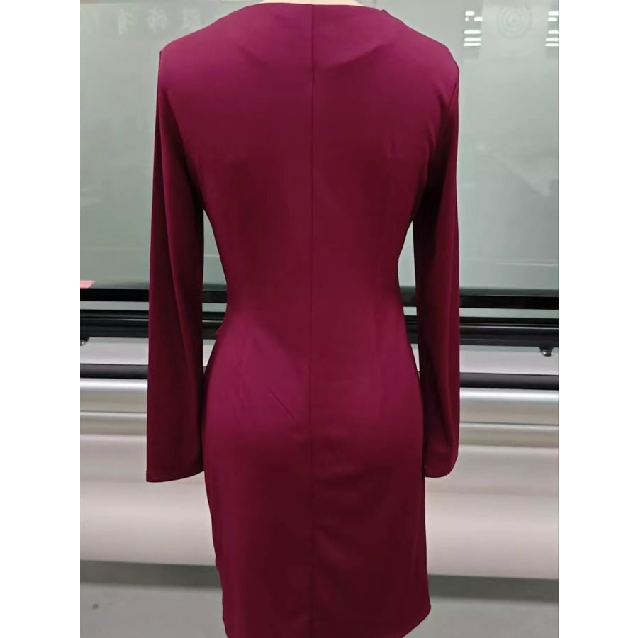 Front Ruched V-Neck Long Sleeve Dress Apparel and Accessories