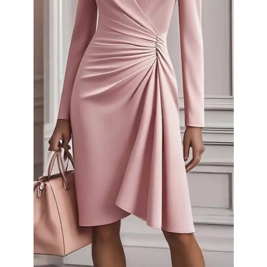 Front Ruched V-Neck Long Sleeve Dress Apparel and Accessories