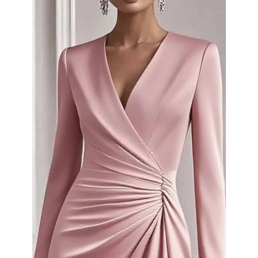 Front Ruched V-Neck Long Sleeve Dress Apparel and Accessories
