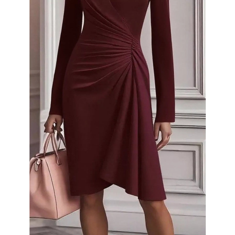 Front Ruched V-Neck Long Sleeve Dress Apparel and Accessories