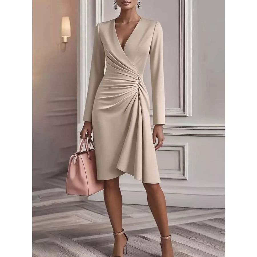 Front Ruched V-Neck Long Sleeve Dress Beige / S Apparel and Accessories