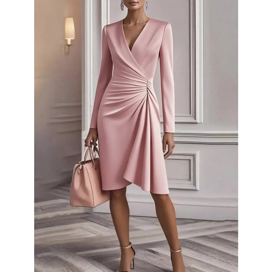 Front Ruched V-Neck Long Sleeve Dress Dusty Pink / S Apparel and Accessories