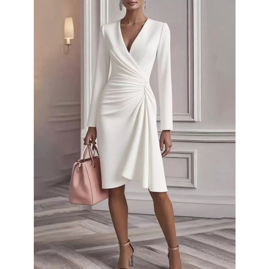 Front Ruched V-Neck Long Sleeve Dress White / S Apparel and Accessories