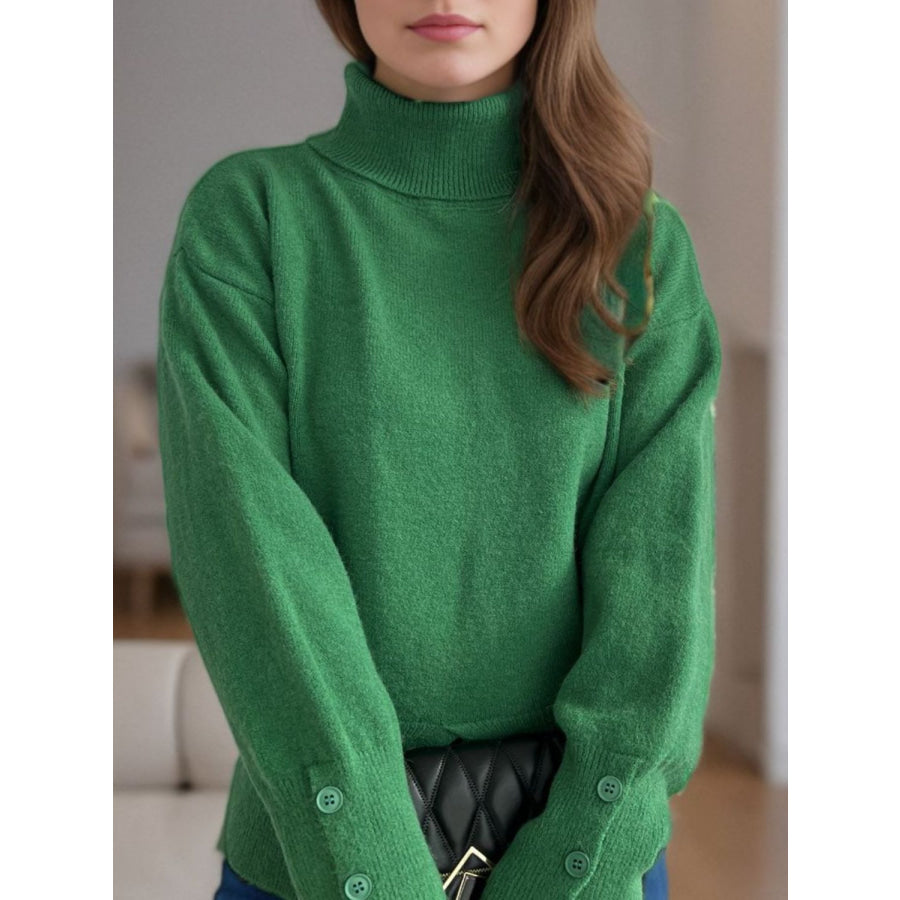 Front Slit Decorative Button Turtleneck Sweater Apparel and Accessories