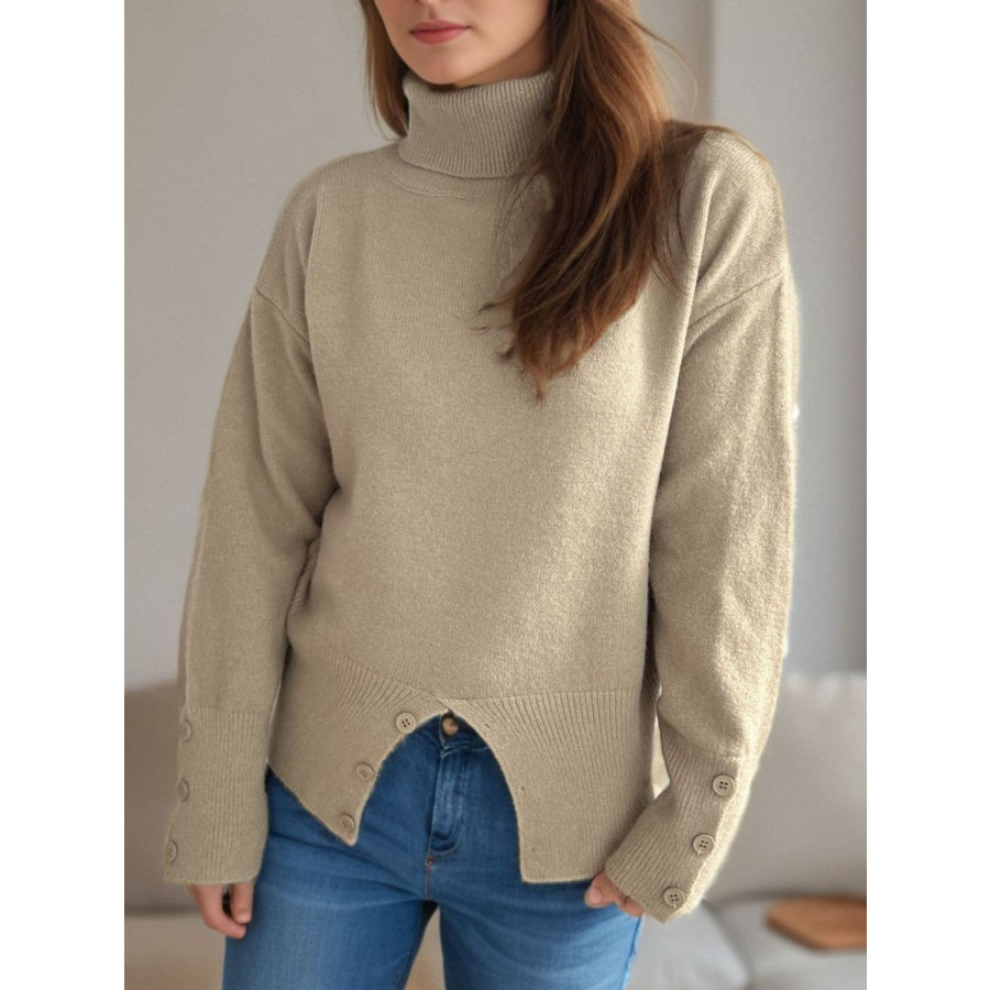 Front Slit Decorative Button Turtleneck Sweater Apparel and Accessories