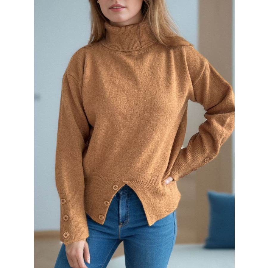 Front Slit Decorative Button Turtleneck Sweater Apparel and Accessories