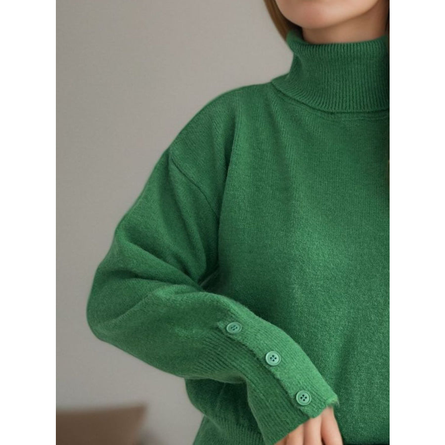 Front Slit Decorative Button Turtleneck Sweater Apparel and Accessories