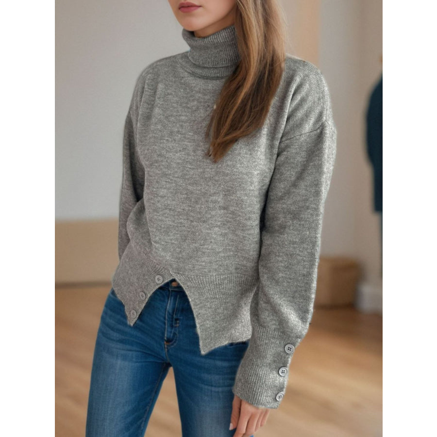 Front Slit Decorative Button Turtleneck Sweater Apparel and Accessories