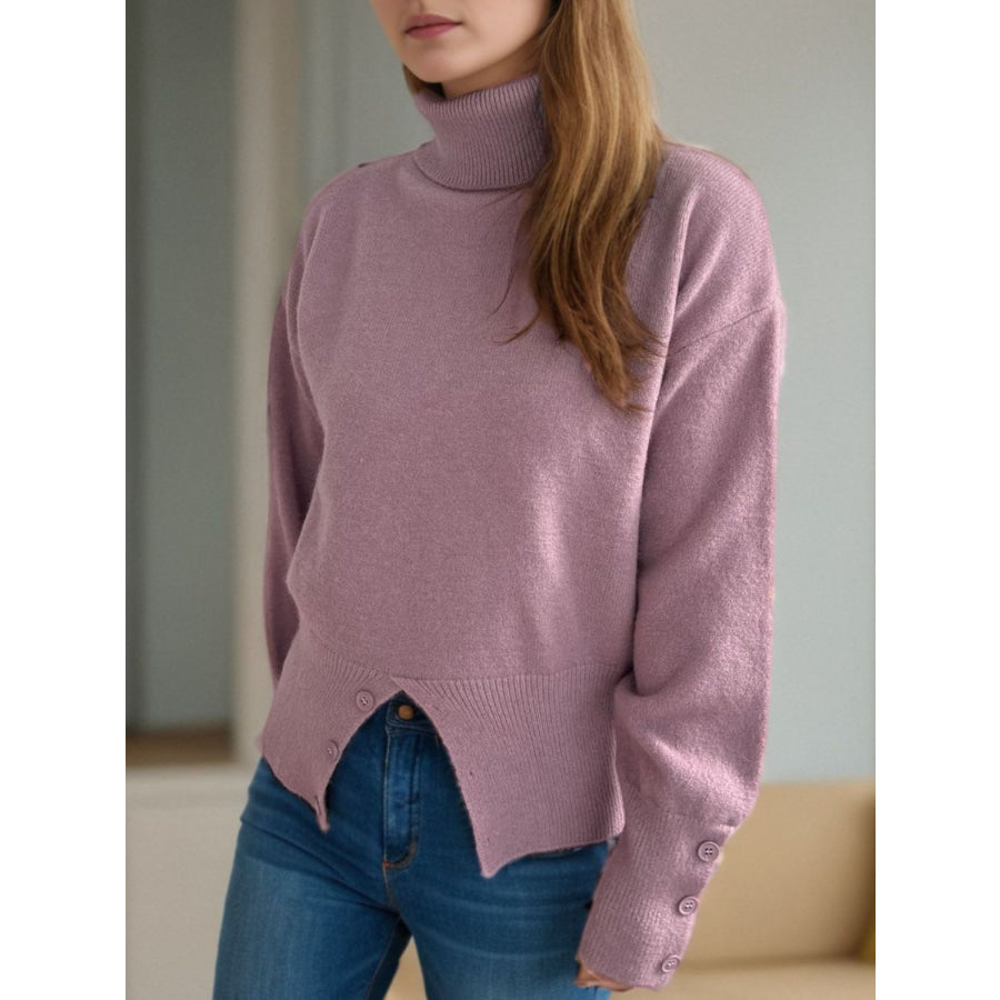 Front Slit Decorative Button Turtleneck Sweater Apparel and Accessories