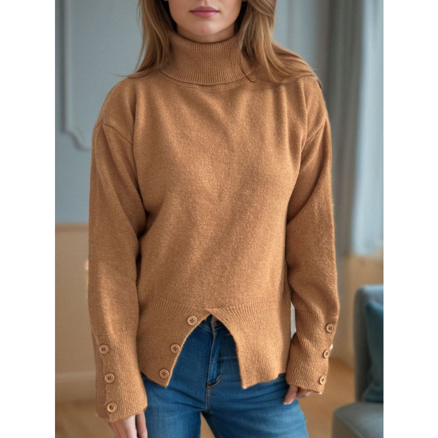 Front Slit Decorative Button Turtleneck Sweater Apparel and Accessories