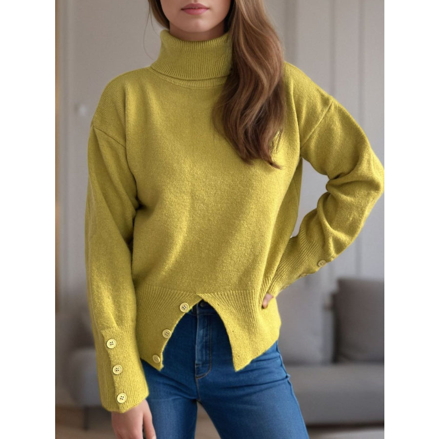 Front Slit Decorative Button Turtleneck Sweater Apparel and Accessories