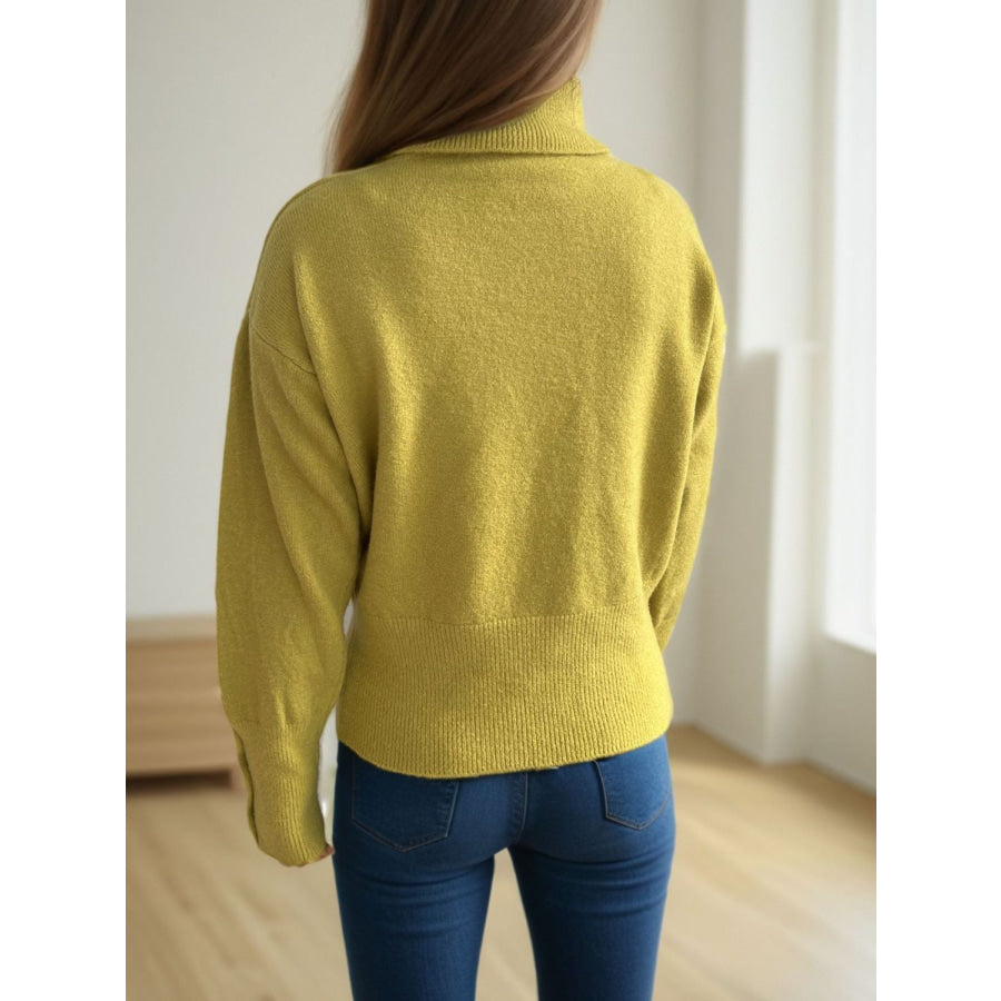 Front Slit Decorative Button Turtleneck Sweater Apparel and Accessories