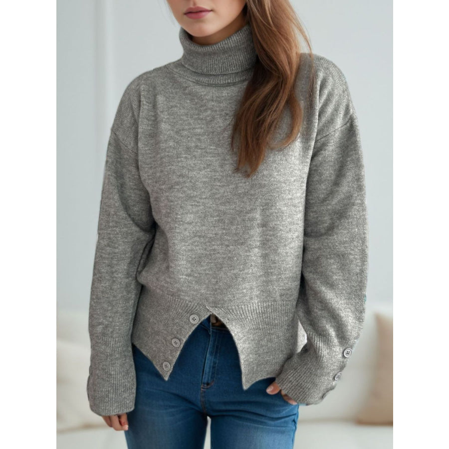 Front Slit Decorative Button Turtleneck Sweater Apparel and Accessories