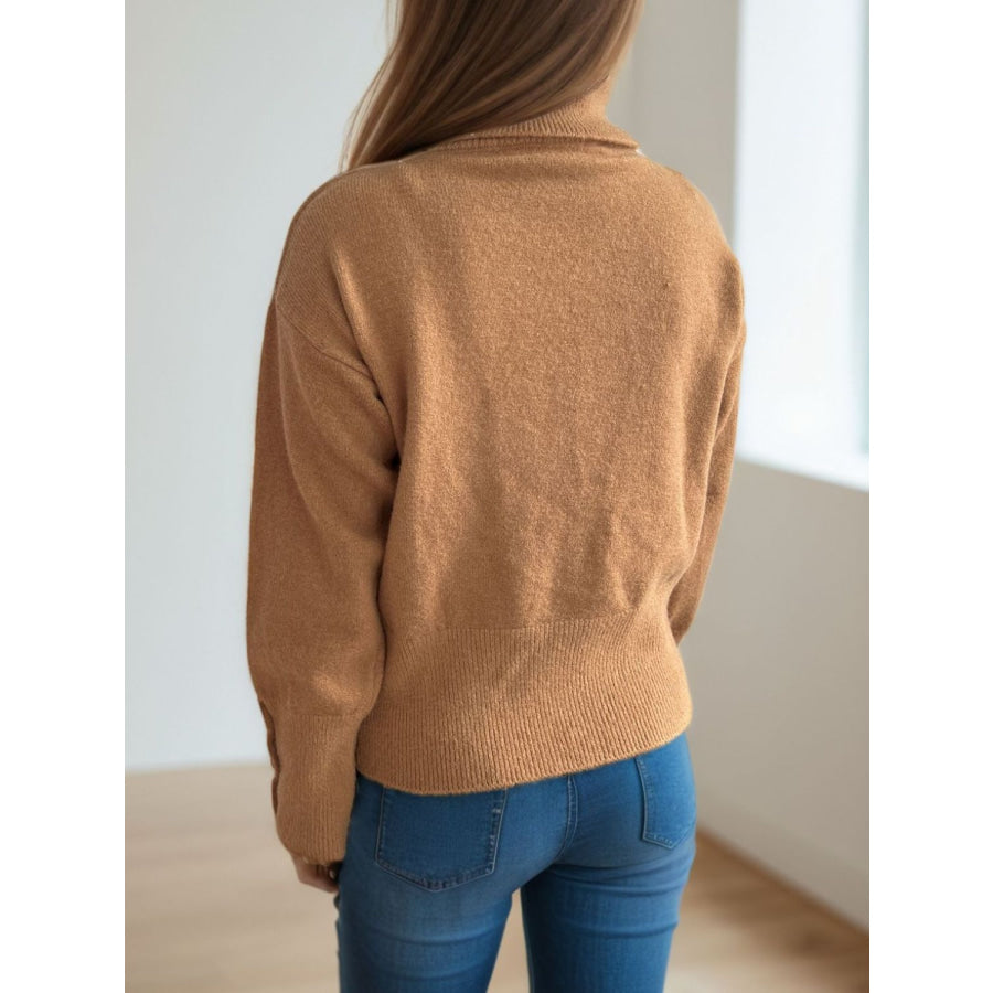 Front Slit Decorative Button Turtleneck Sweater Apparel and Accessories