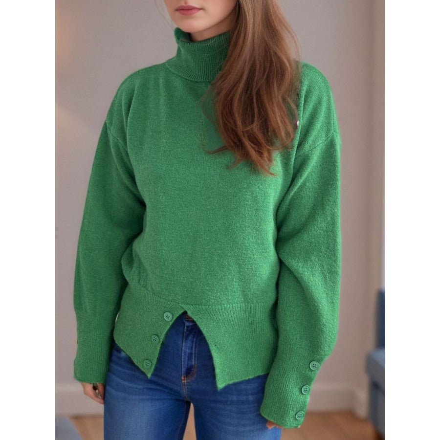 Front Slit Decorative Button Turtleneck Sweater Apparel and Accessories