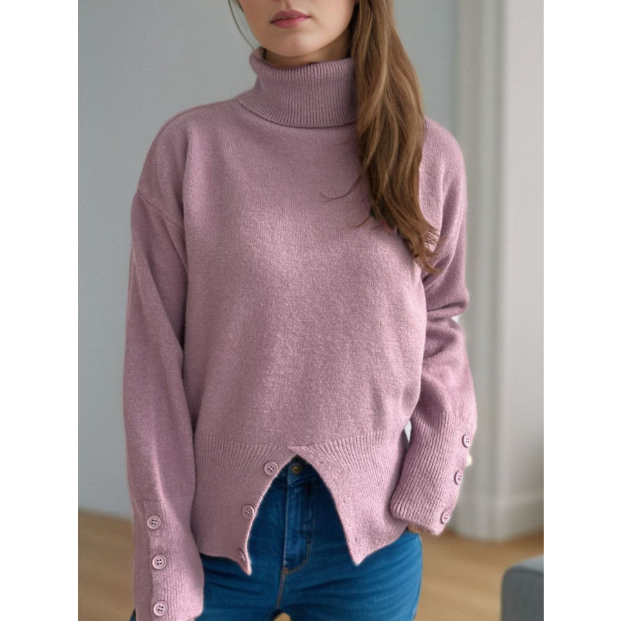 Front Slit Decorative Button Turtleneck Sweater Apparel and Accessories