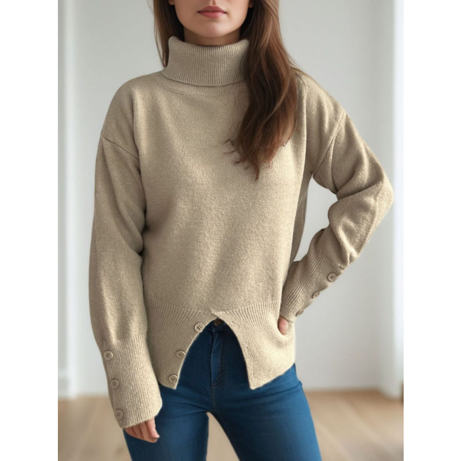 Front Slit Decorative Button Turtleneck Sweater Apparel and Accessories