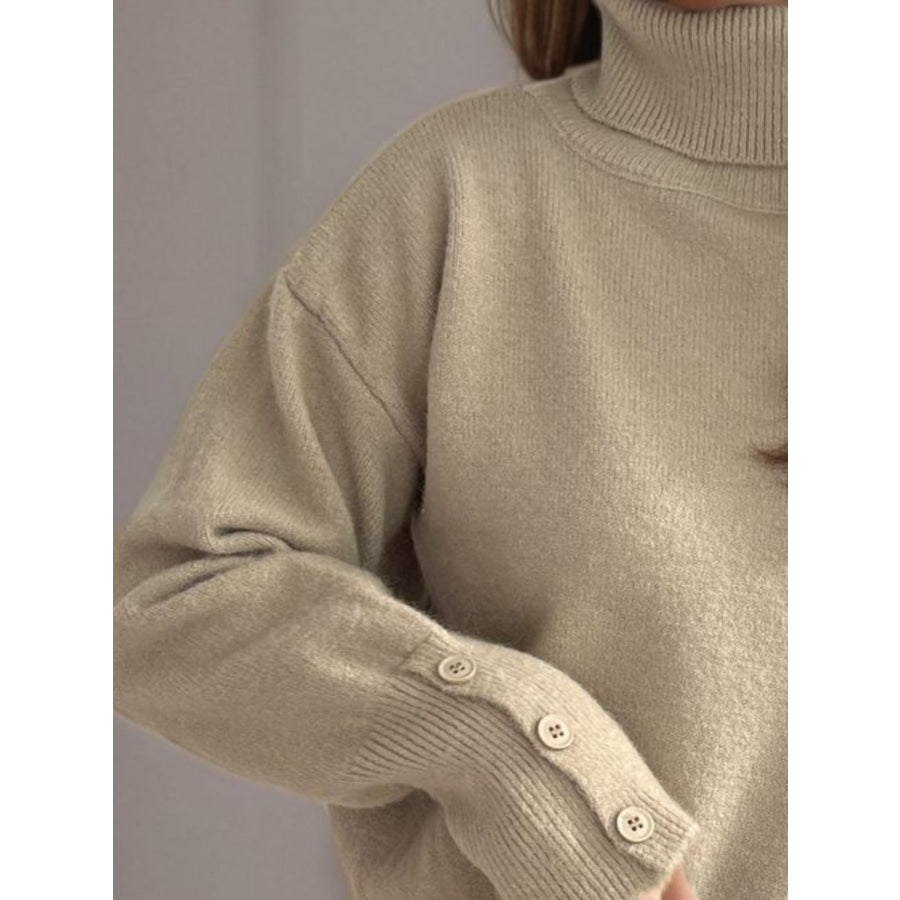 Front Slit Decorative Button Turtleneck Sweater Apparel and Accessories