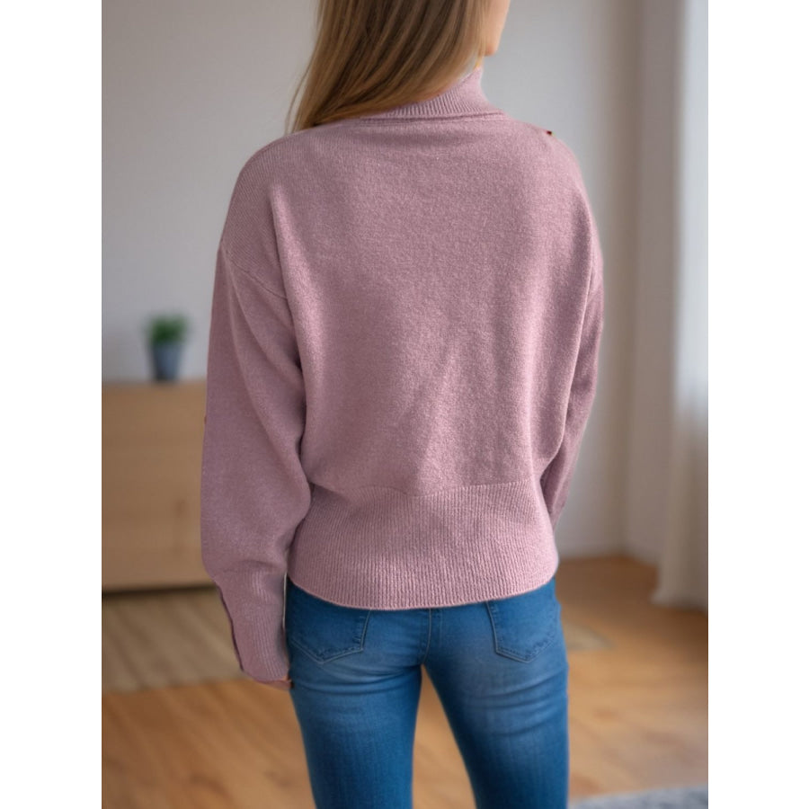 Front Slit Decorative Button Turtleneck Sweater Apparel and Accessories