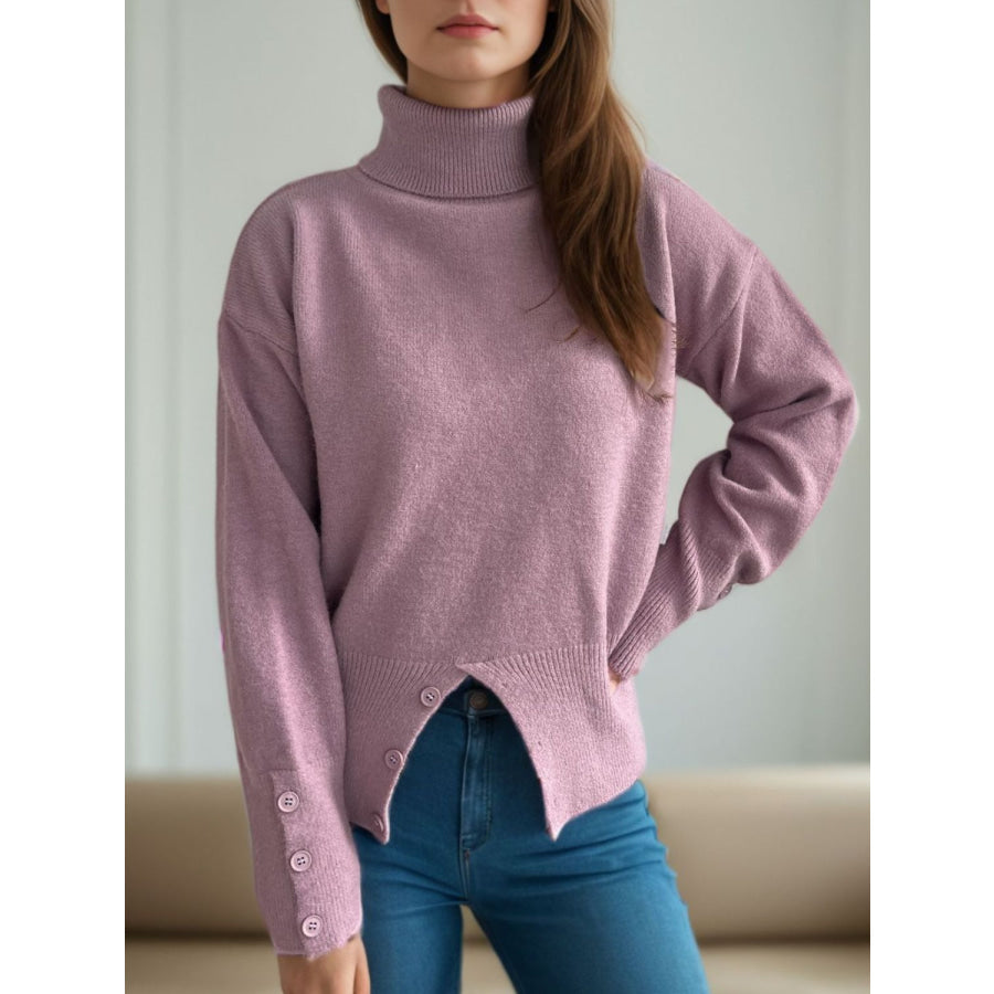 Front Slit Decorative Button Turtleneck Sweater Apparel and Accessories