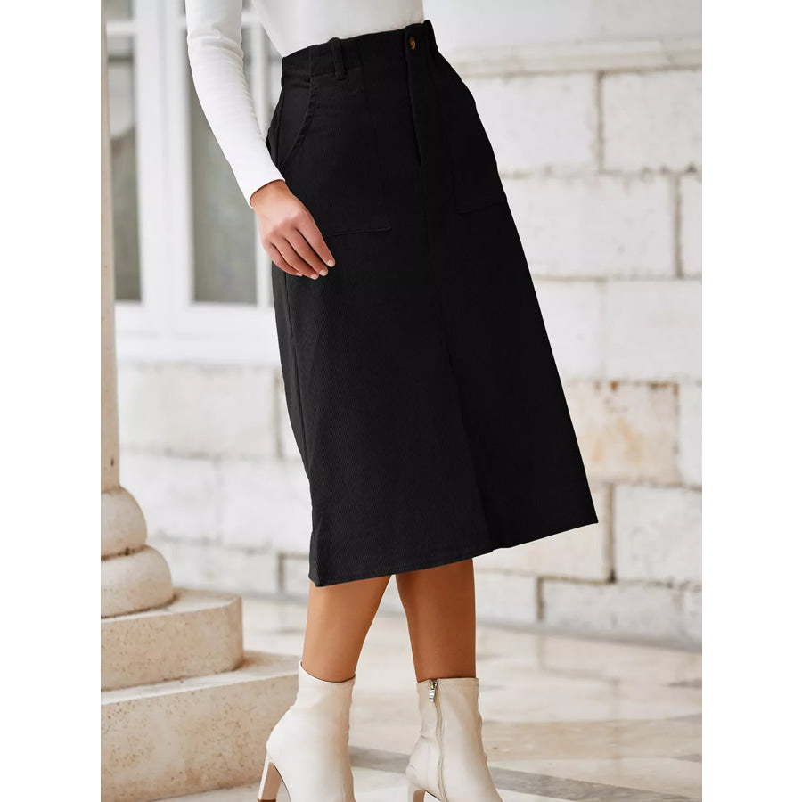 Front Slit Shift High Waist Midi Skirt Apparel and Accessories
