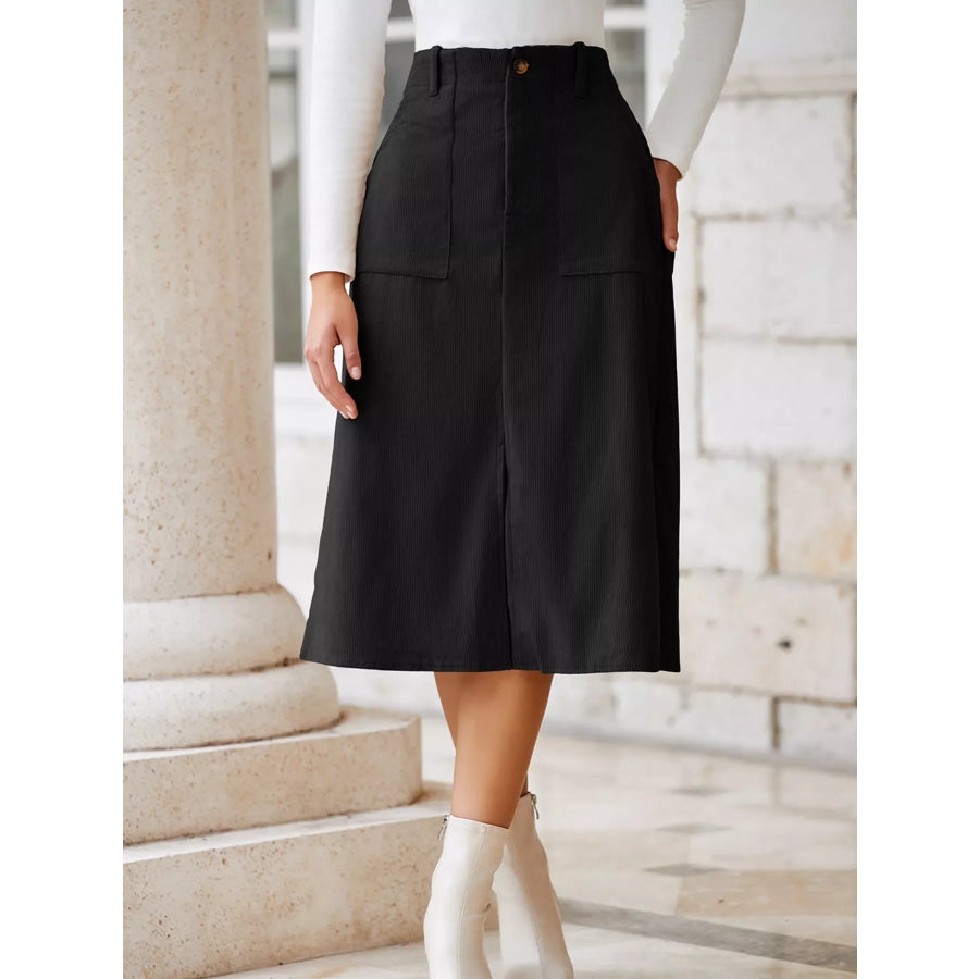 Front Slit Shift High Waist Midi Skirt Black / S Apparel and Accessories