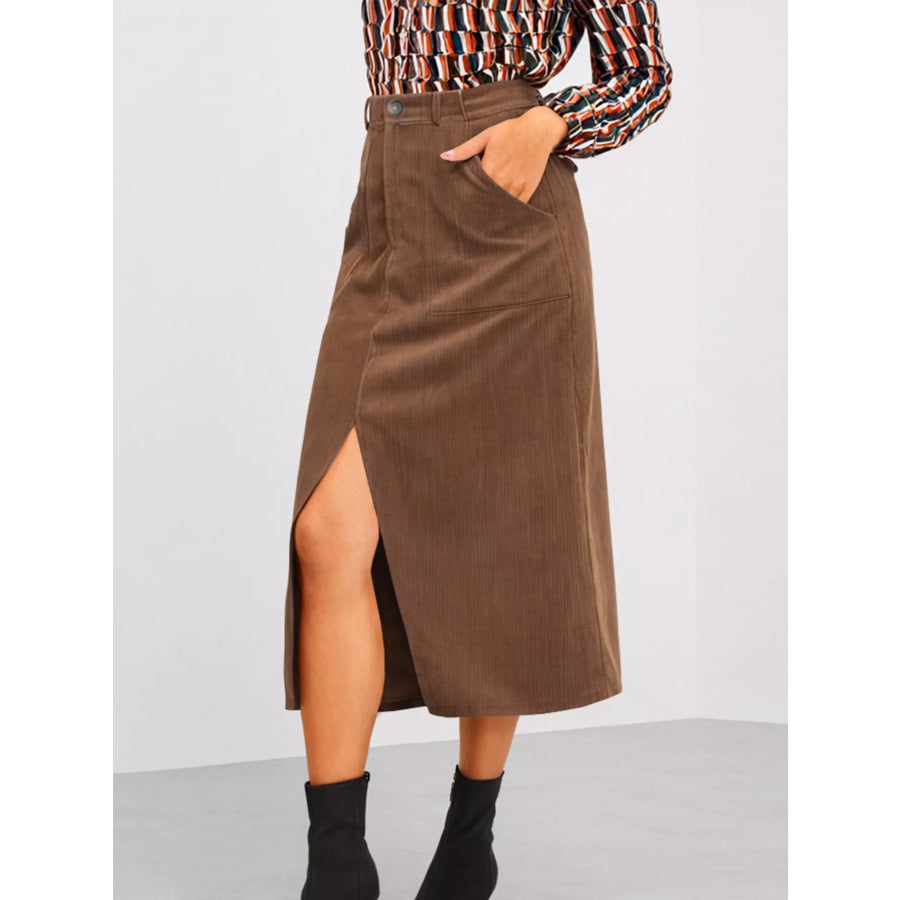 Front Slit Shift High Waist Midi Skirt Brown / S Apparel and Accessories
