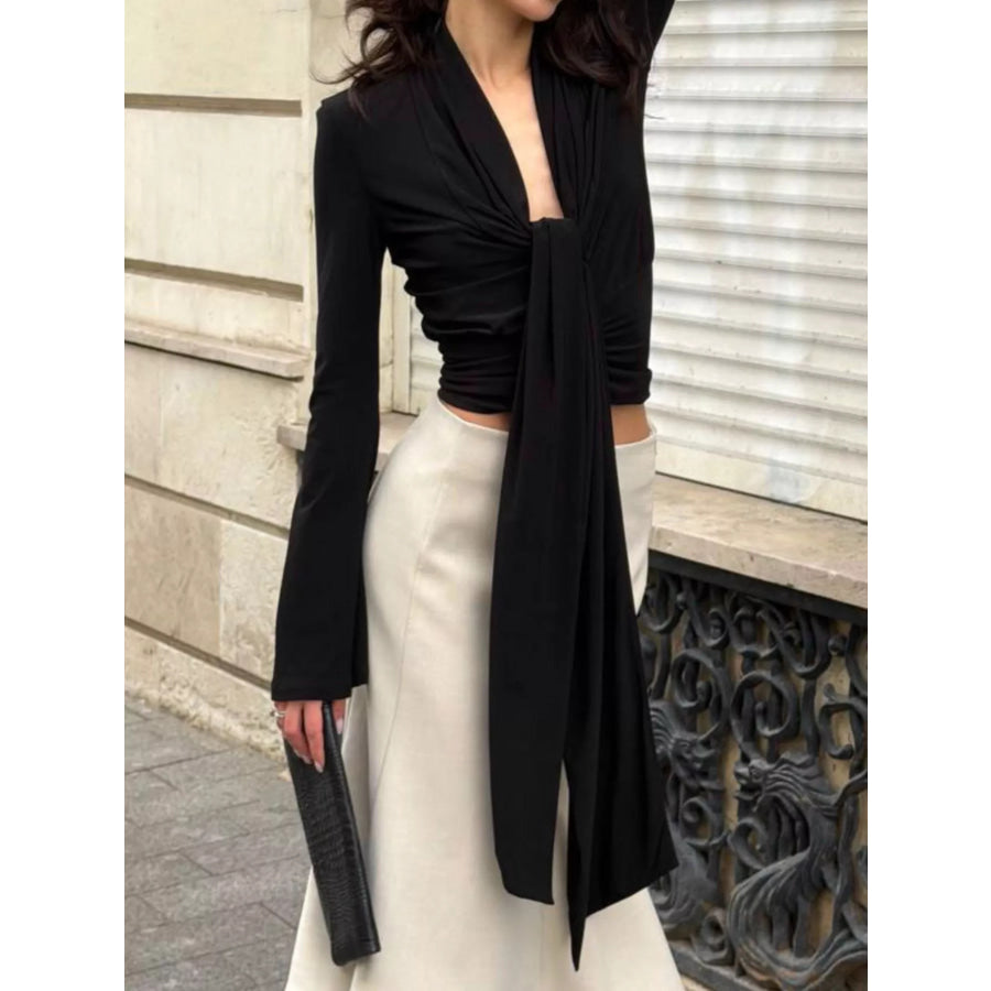 Front Tie Detail Flare Sleeve Blouse Apparel and Accessories