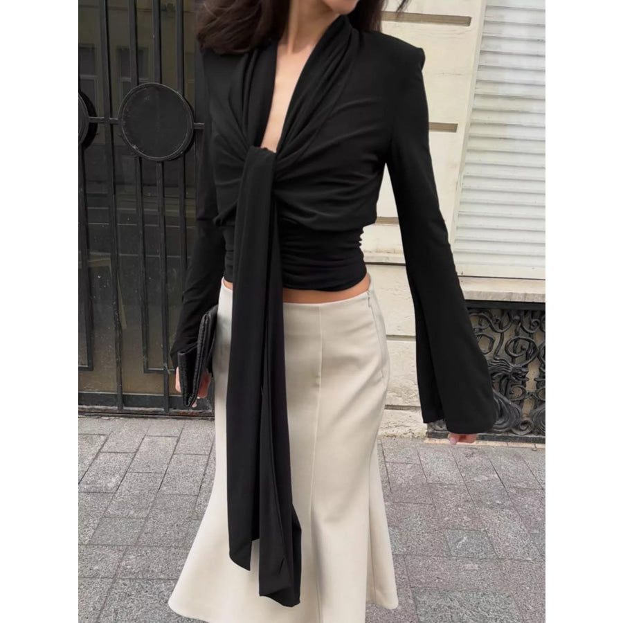 Front Tie Detail Flare Sleeve Blouse Apparel and Accessories
