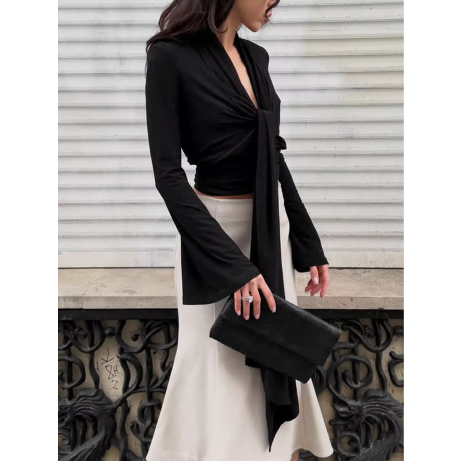Front Tie Detail Flare Sleeve Blouse Apparel and Accessories