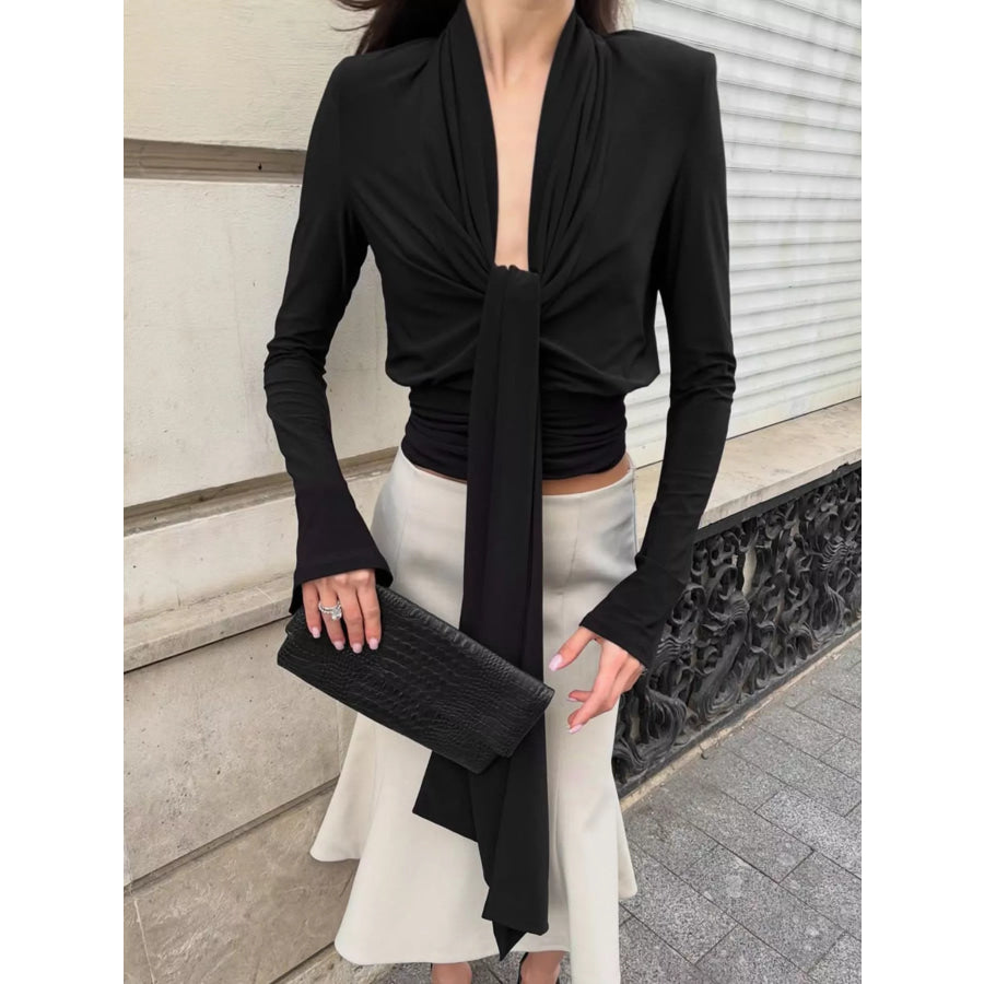 Front Tie Detail Flare Sleeve Blouse Apparel and Accessories