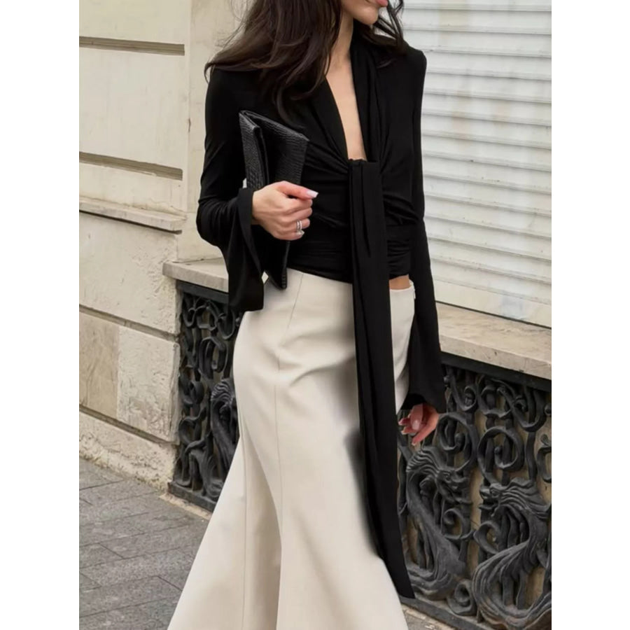 Front Tie Detail Flare Sleeve Blouse Apparel and Accessories