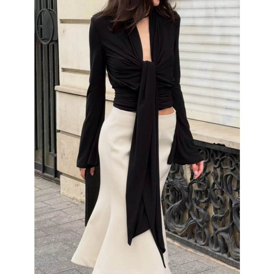Front Tie Detail Flare Sleeve Blouse Apparel and Accessories
