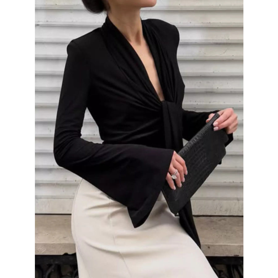 Front Tie Detail Flare Sleeve Blouse Black / S Apparel and Accessories