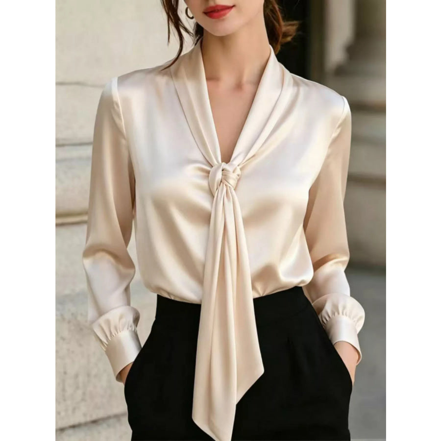 Front Tie Detail Satin Blouse Beige / S Apparel and Accessories