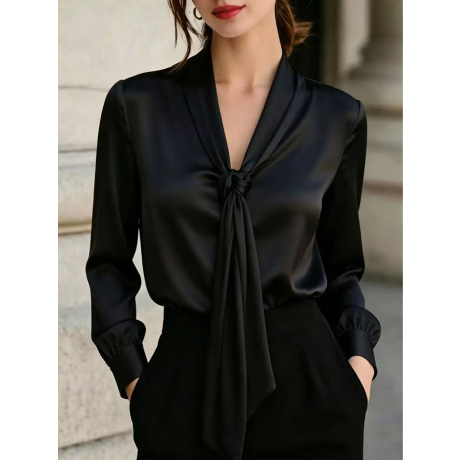 Front Tie Detail Satin Blouse Black / S Apparel and Accessories