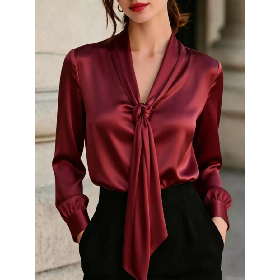 Front Tie Detail Satin Blouse Burgundy / S Apparel and Accessories