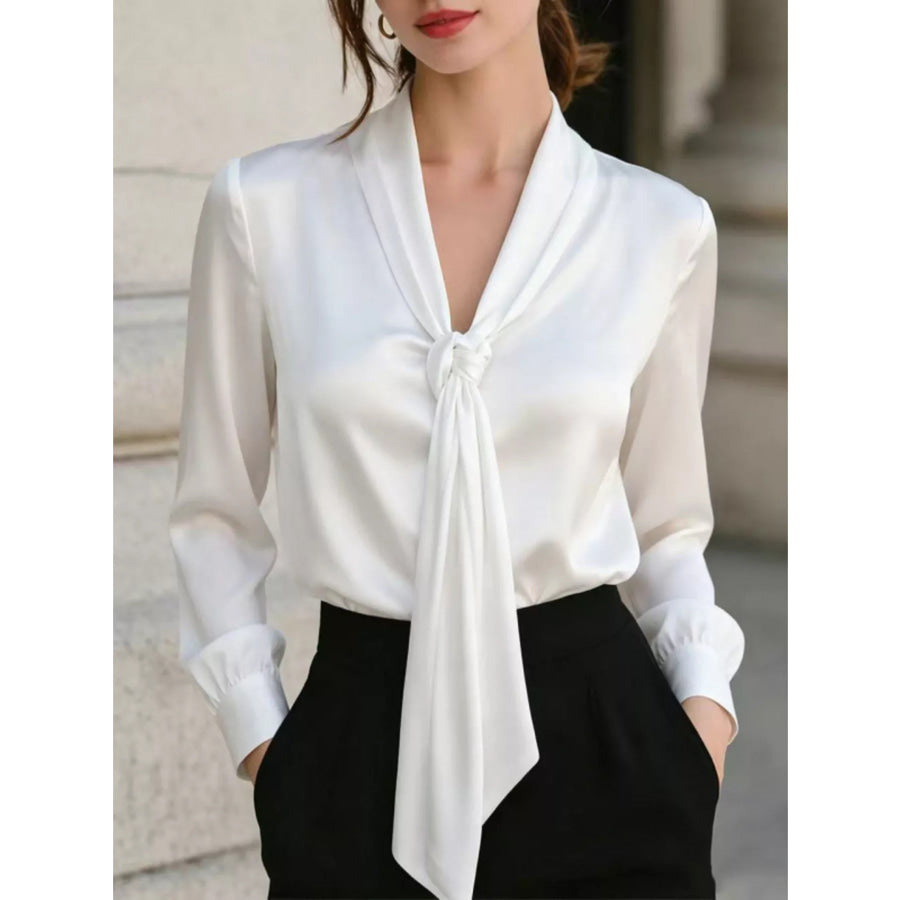 Front Tie Detail Satin Blouse White / S Apparel and Accessories