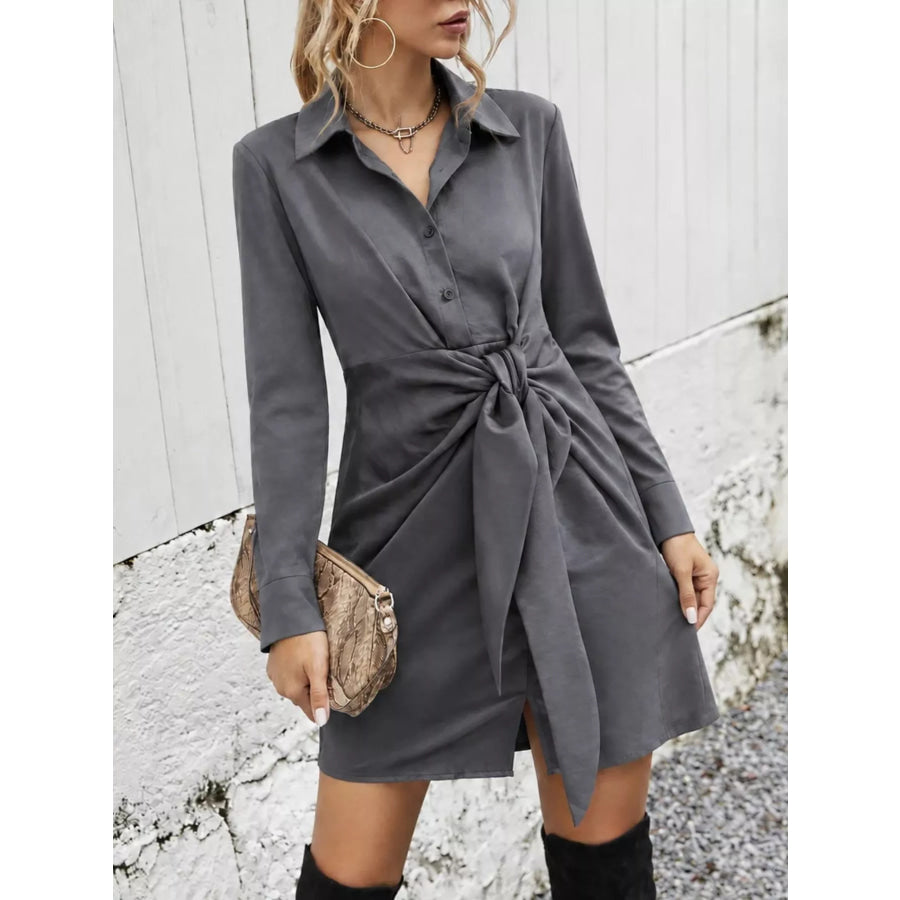 Front-Tie Long Sleeve Shirt Dress Apparel and Accessories