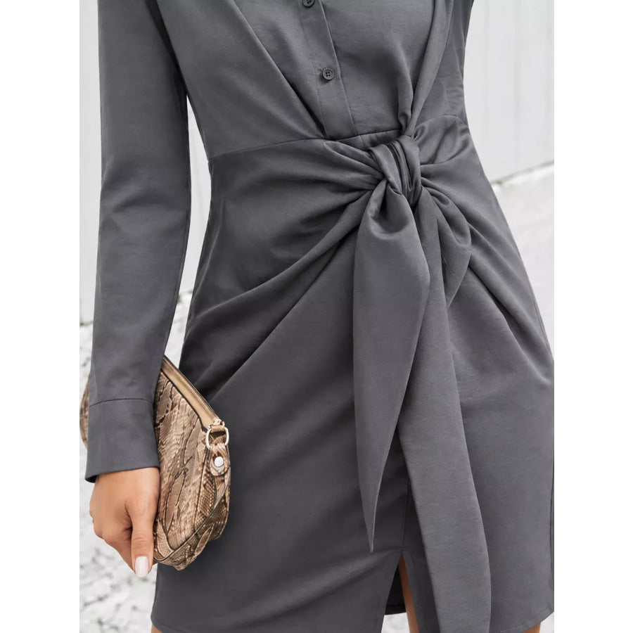Front-Tie Long Sleeve Shirt Dress Apparel and Accessories