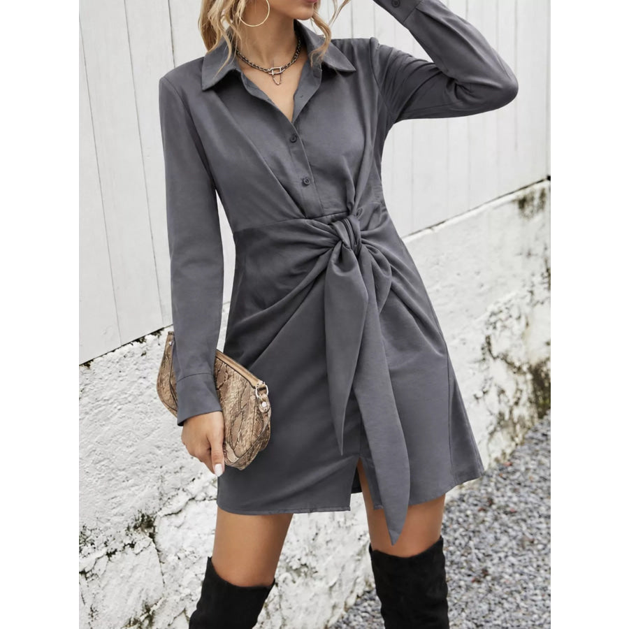 Front-Tie Long Sleeve Shirt Dress Apparel and Accessories