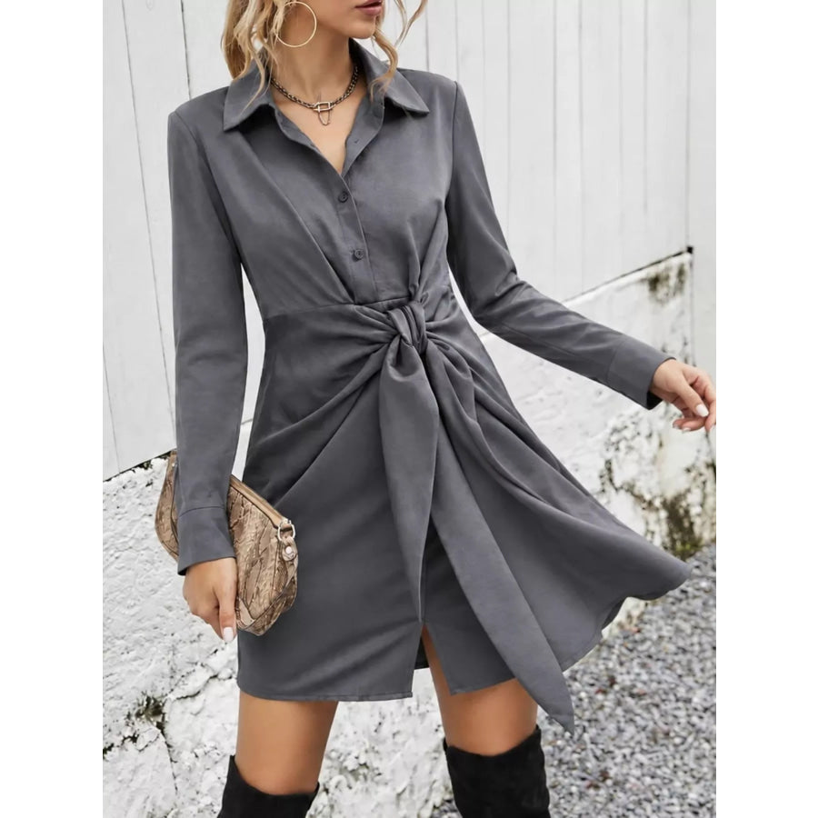Front-Tie Long Sleeve Shirt Dress Apparel and Accessories