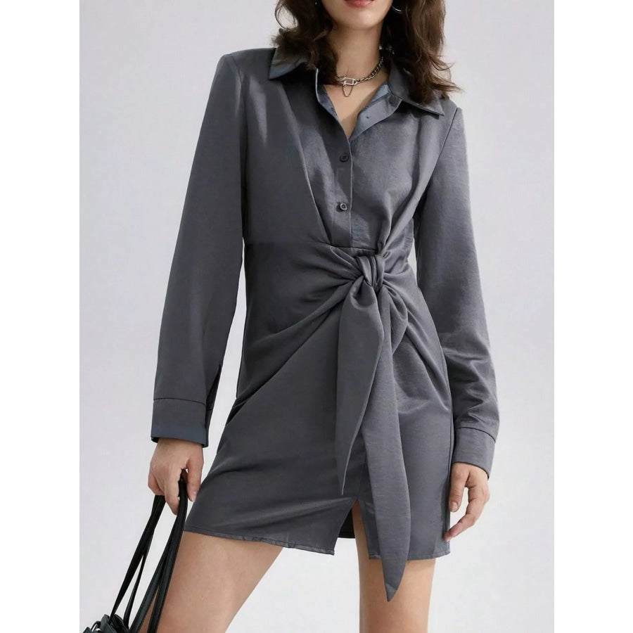 Front-Tie Long Sleeve Shirt Dress Dark Gray / S Apparel and Accessories