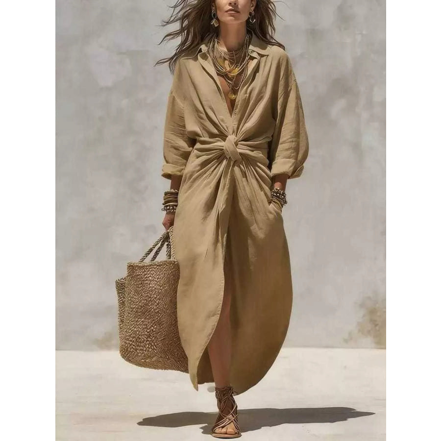 Front-Tie Maxi Shirt Dress Camel / S Apparel and Accessories