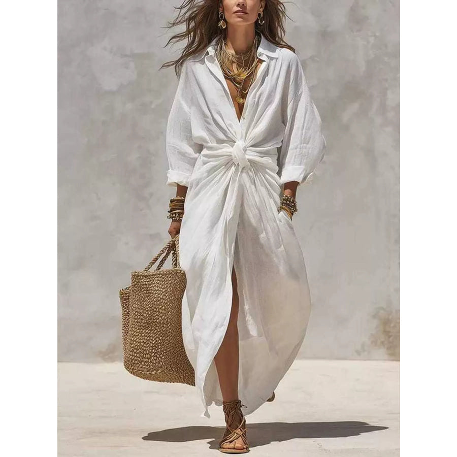 Front-Tie Maxi Shirt Dress White / S Apparel and Accessories