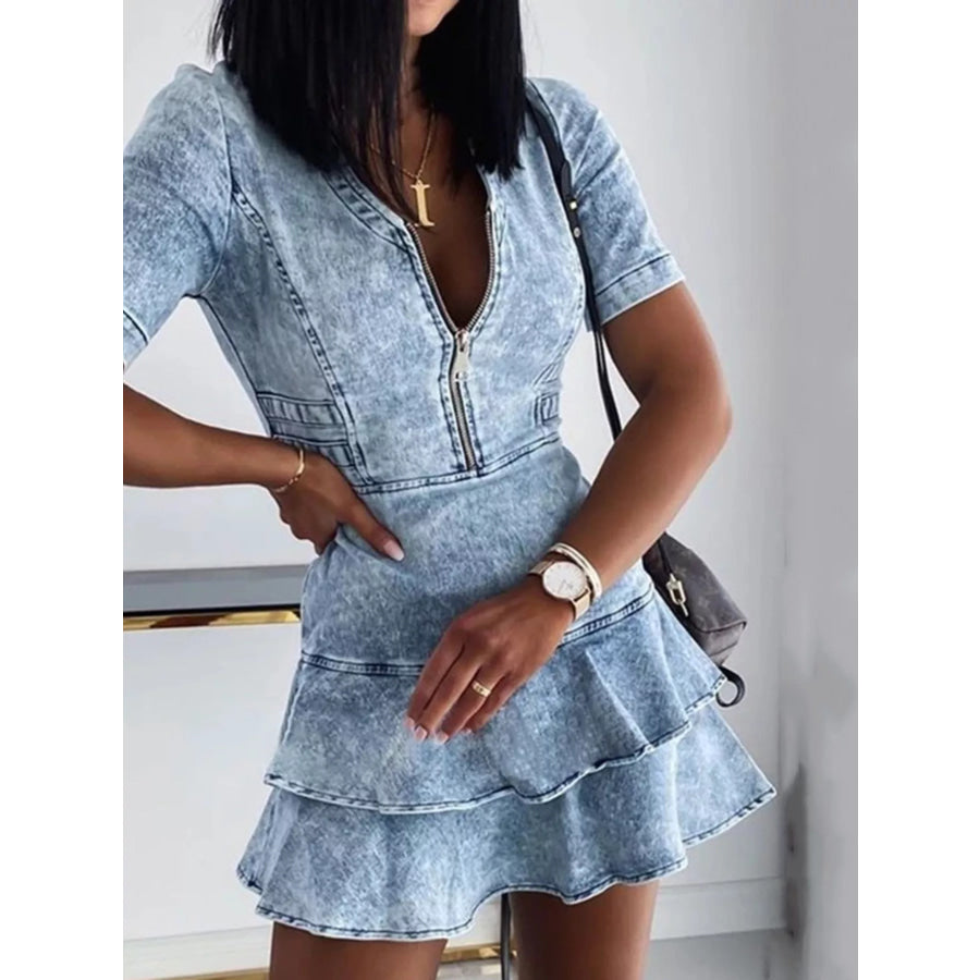 Front Zipper Ruffled Layered Denim Dress Apparel and Accessories